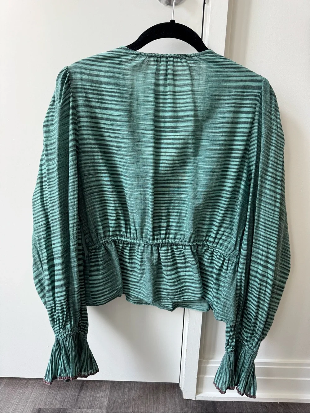 Ulla Johnson Teal Striped V-Neck Tie-Waist Blouse